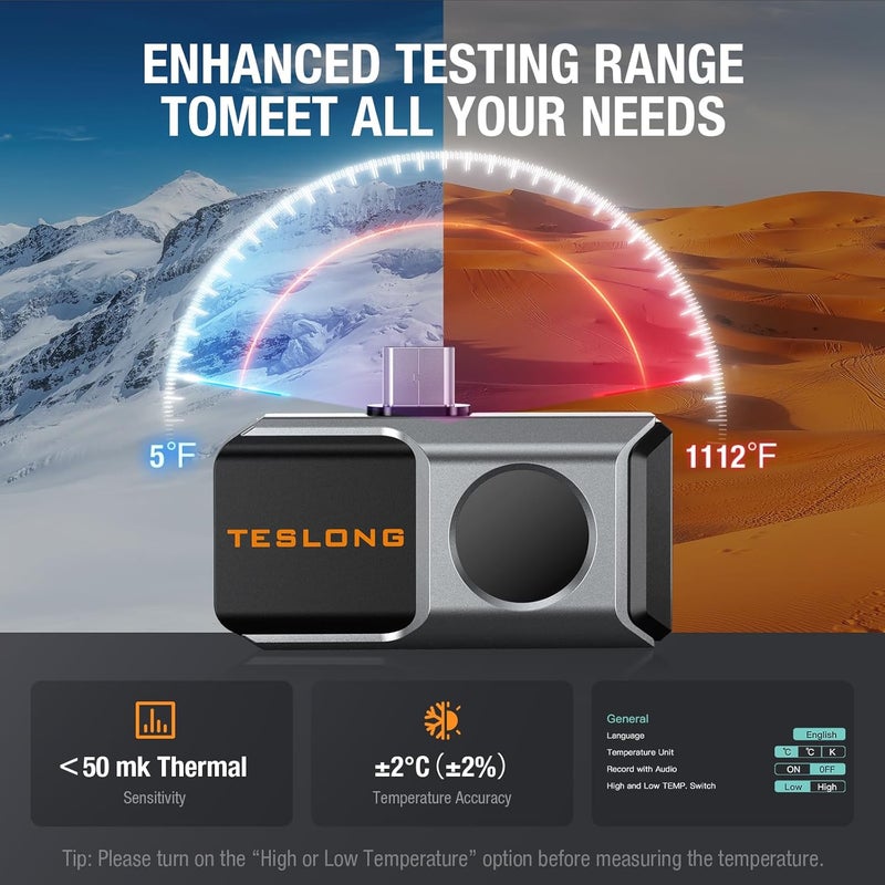 Teslong 160x120 Thermal Camera for Android - Thermal Imaging Camera,50mK Heat Sensitivity, 5℉ to 1112℉ Testing Range, 6 Color Palettes, Works for Smartphones and Tablets & PC(Not for iOS) - Image 3